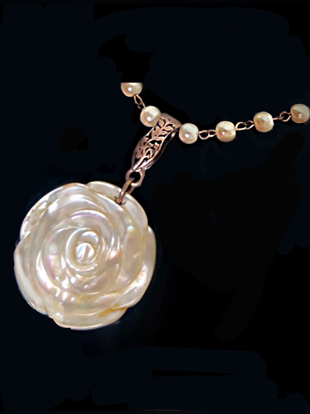 Pearl Bead Necklace with Carved Acrylic White Rose Pendant